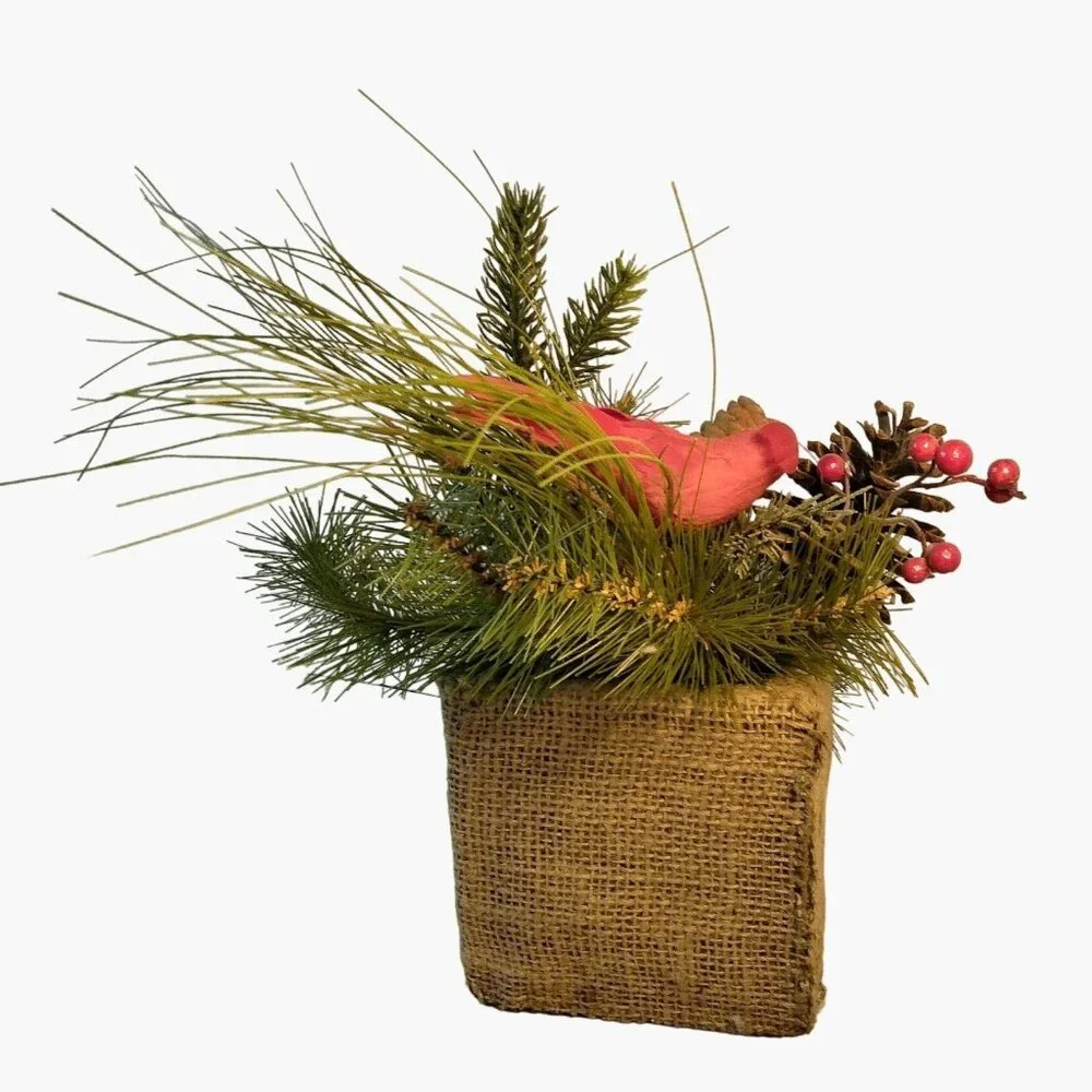 Rustic Burlap Christmas Evergreen Centerpiece Cardinal Pinecones Winter Decor